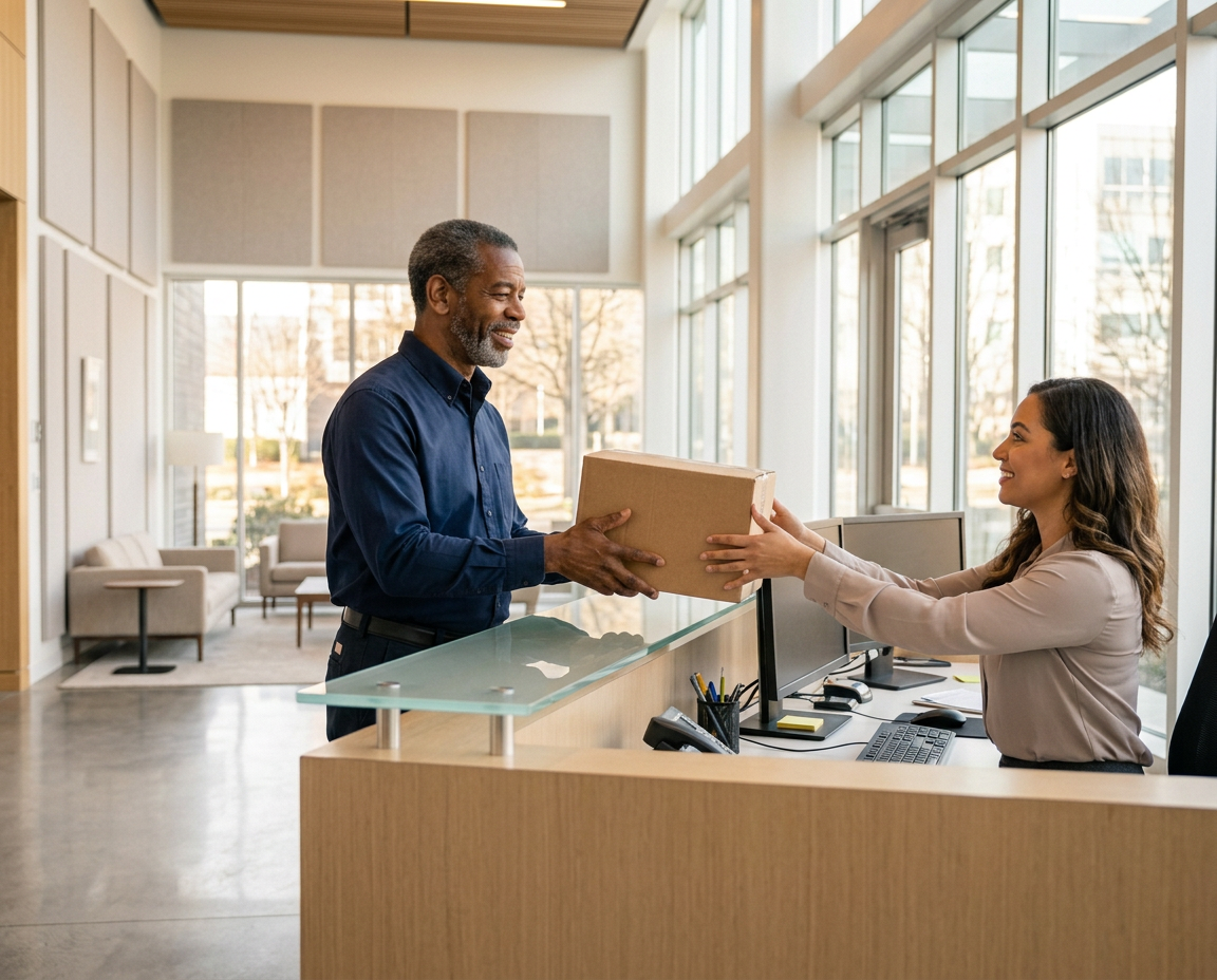 JMORR courier handing a sealed package to a client at an Atlanta business office reception desk